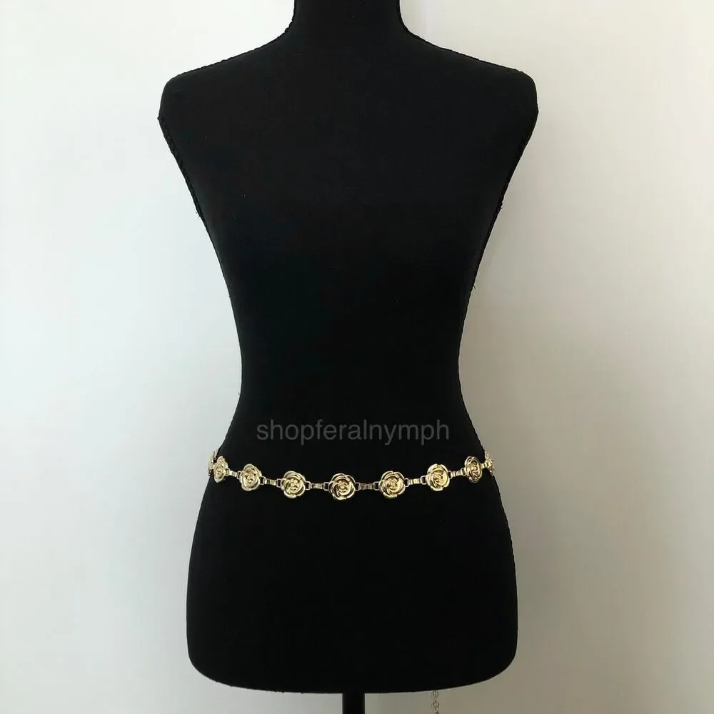 Vintage Y2K Coquette Gold Rose Chain Belt, Fits 25–44 Inches, X7GA1200